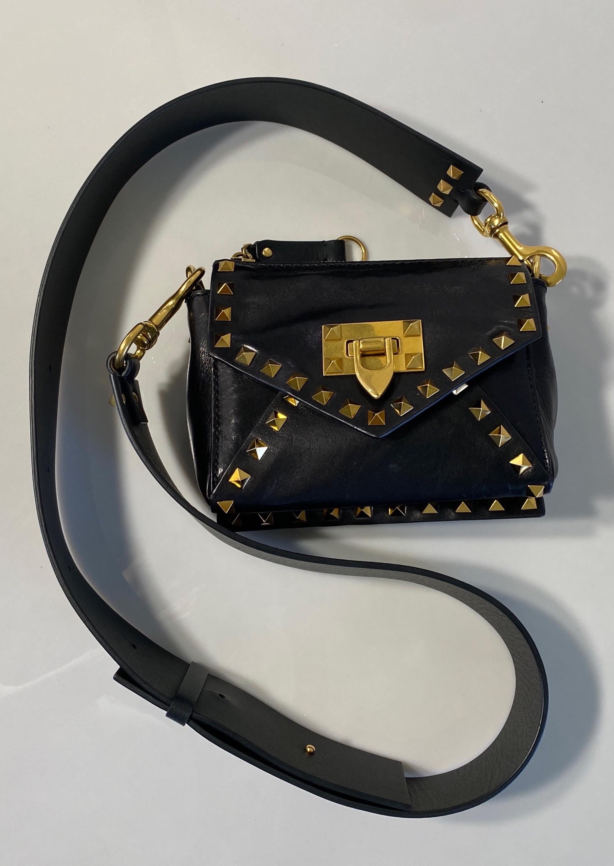 Valentino Black Small Rock Stud Calf Leather Crossbody Bag with Wide Strap 9