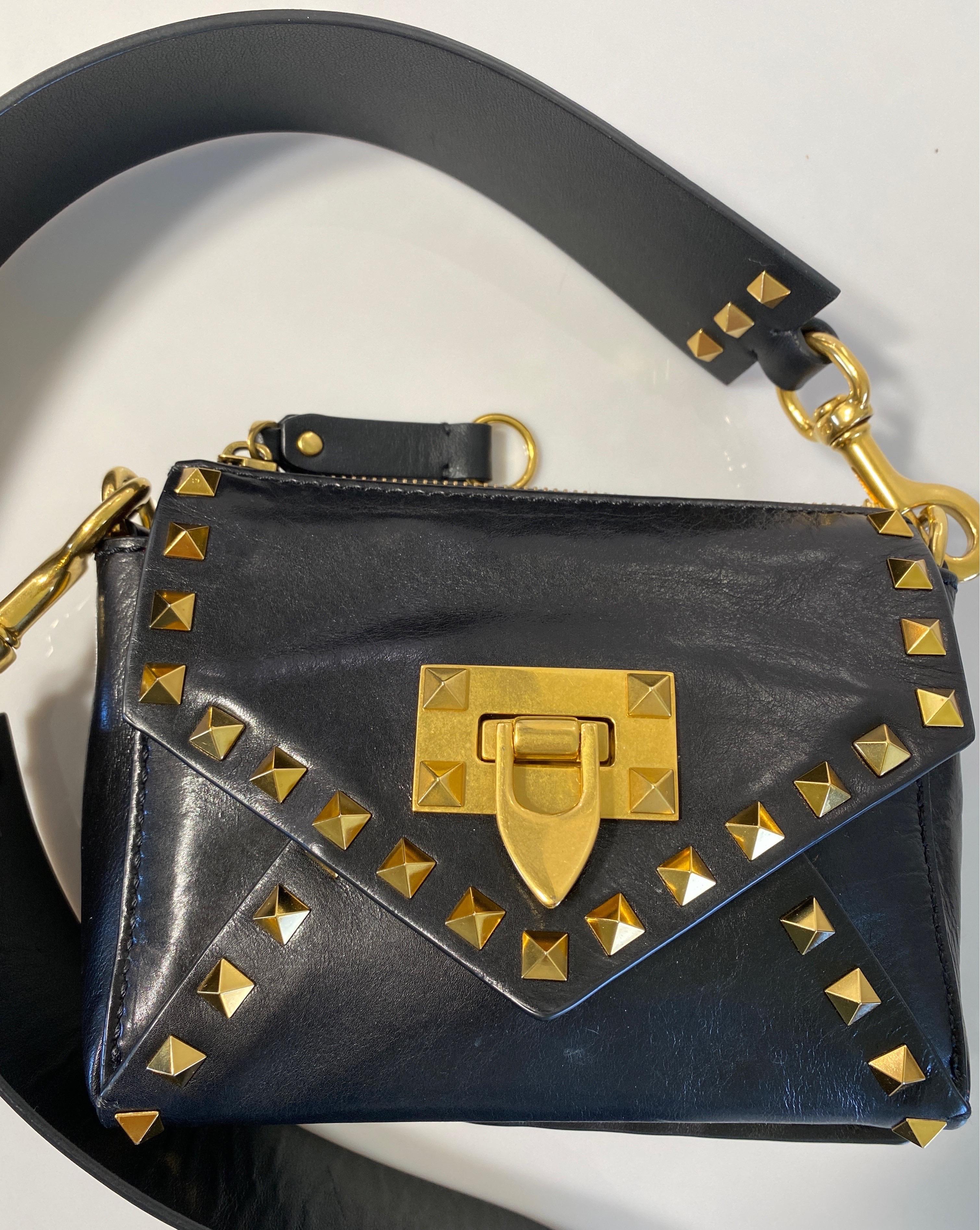 Valentino Black Small Rock Stud Calf Leather Crossbody Bag with Wide Strap 10