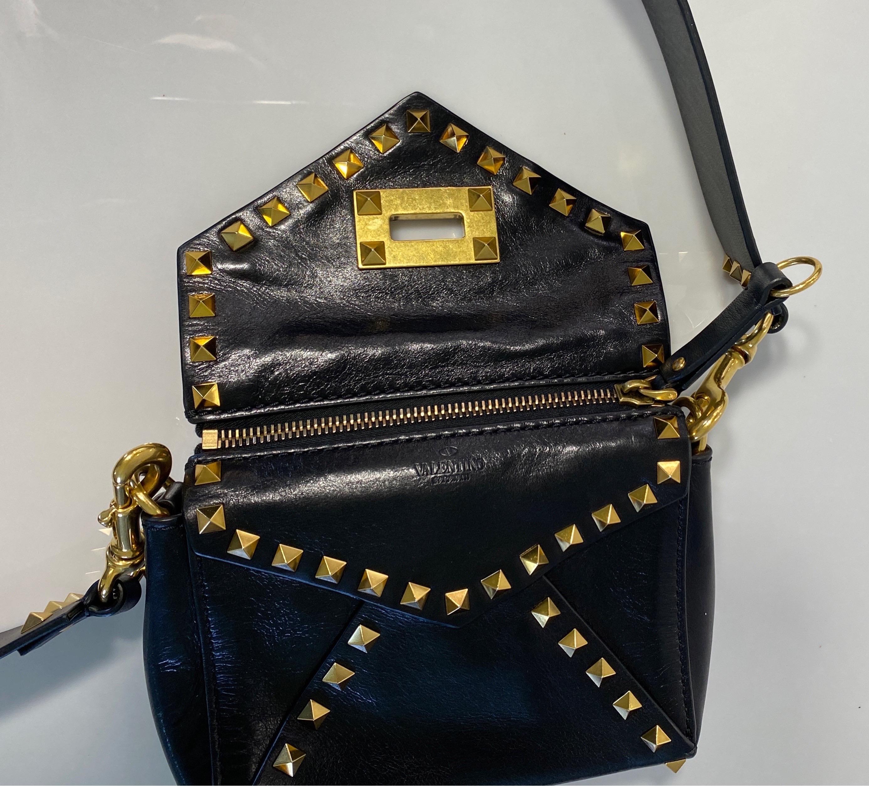 Valentino Black Small Rock Stud Calf Leather Crossbody Bag with Wide Strap 14