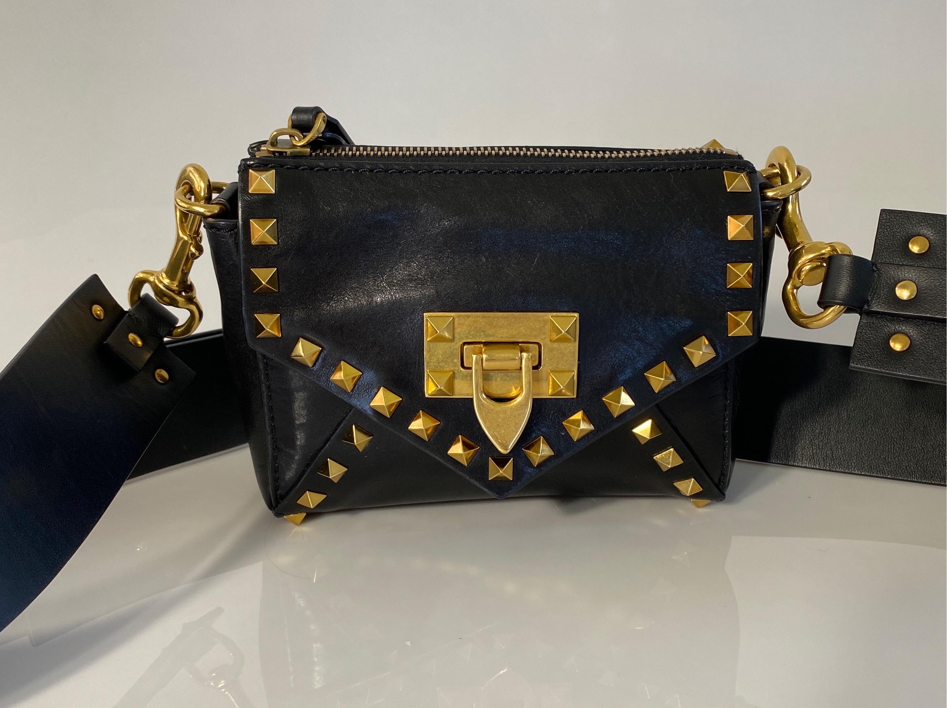 Valentino Black Small Rock Stud Calf Leather Crossbody Bag with Wide Strap 1