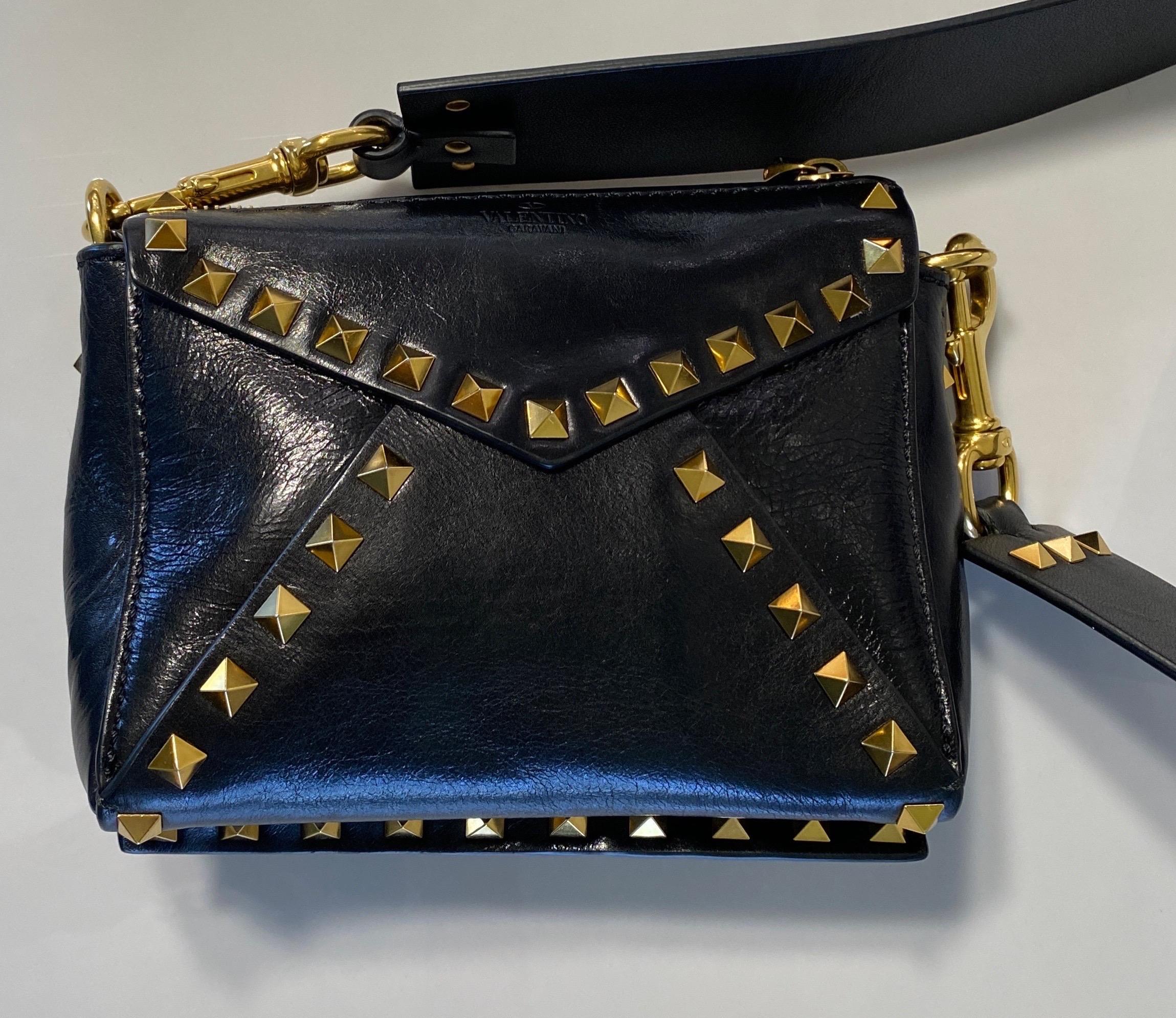 Valentino Black Small Rock Stud Calf Leather Crossbody Bag with Wide Strap 4