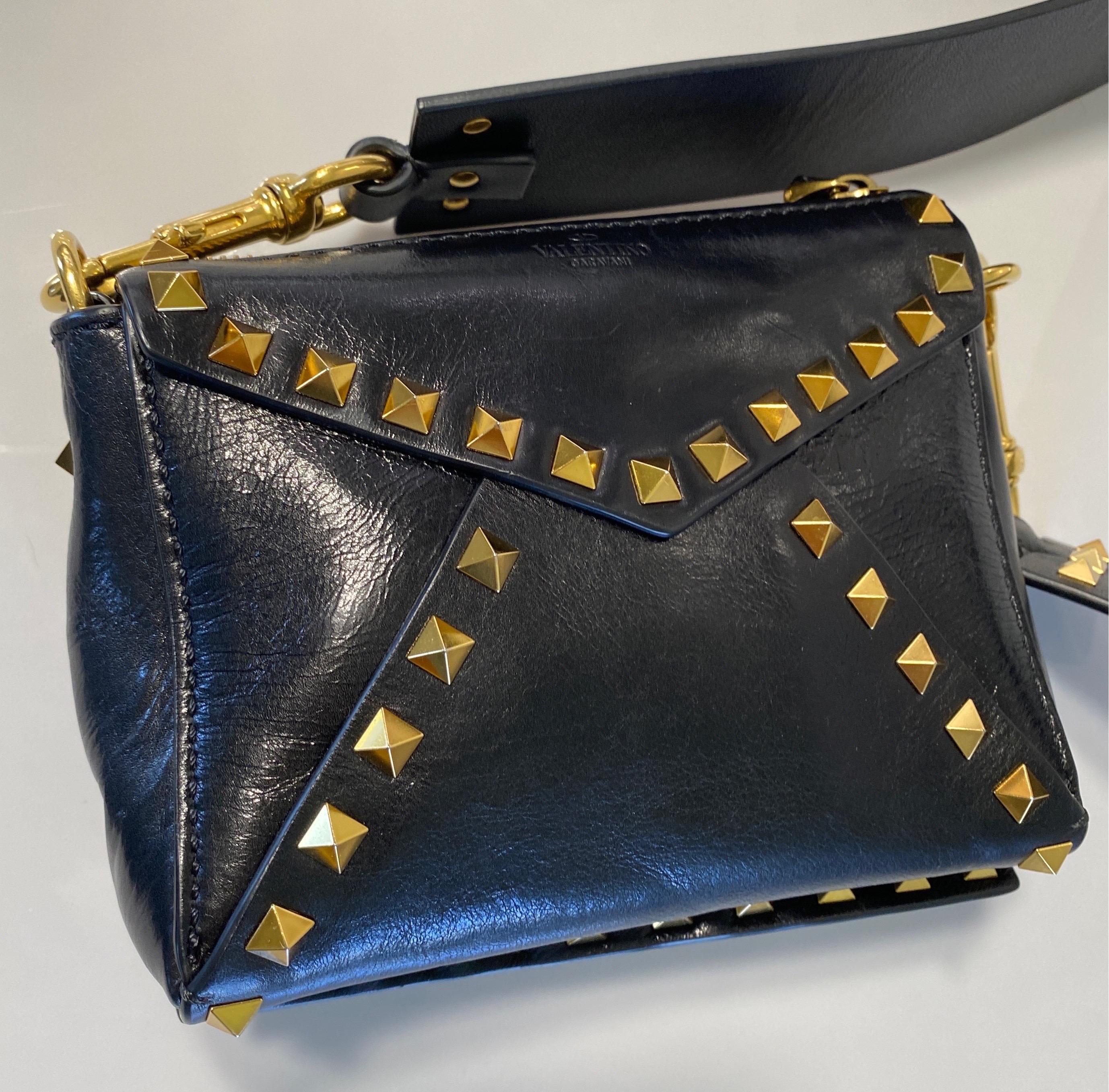 Valentino Black Small Rock Stud Calf Leather Crossbody Bag with Wide Strap 5