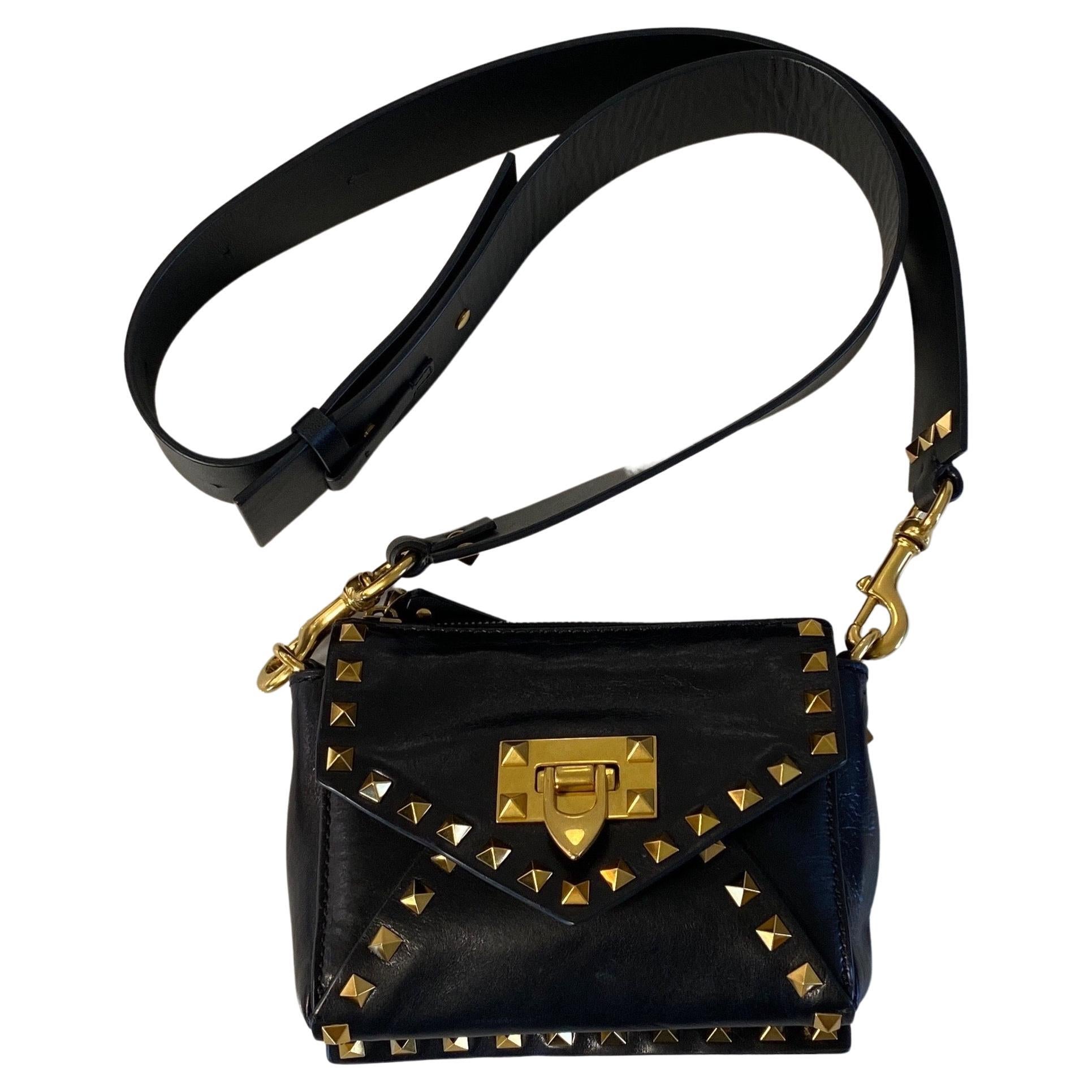 Valentino Black Small Rock Stud Calf Leather Crossbody Bag with Wide Strap