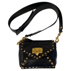 Valentino Black Small Rock Stud Calf Leather Crossbody Bag with Wide Strap