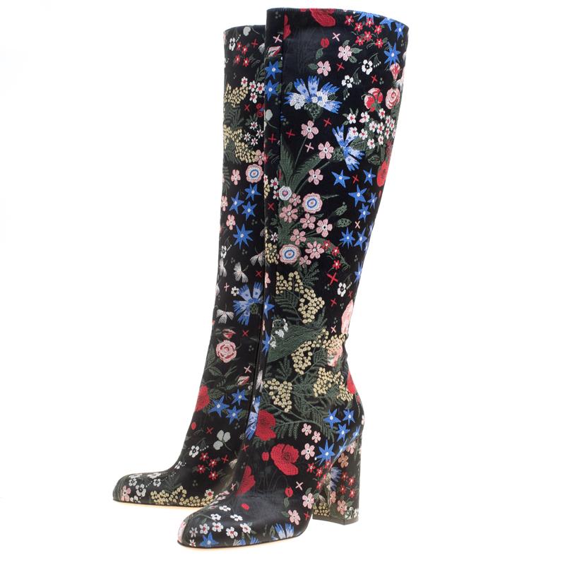 Women's Valentino Black Spring Garden Brocade Knee Length Boots Size 37