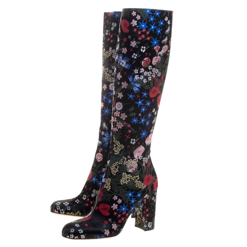 Valentino Black Spring Garden Brocade Knee Length Boots Size 40 2