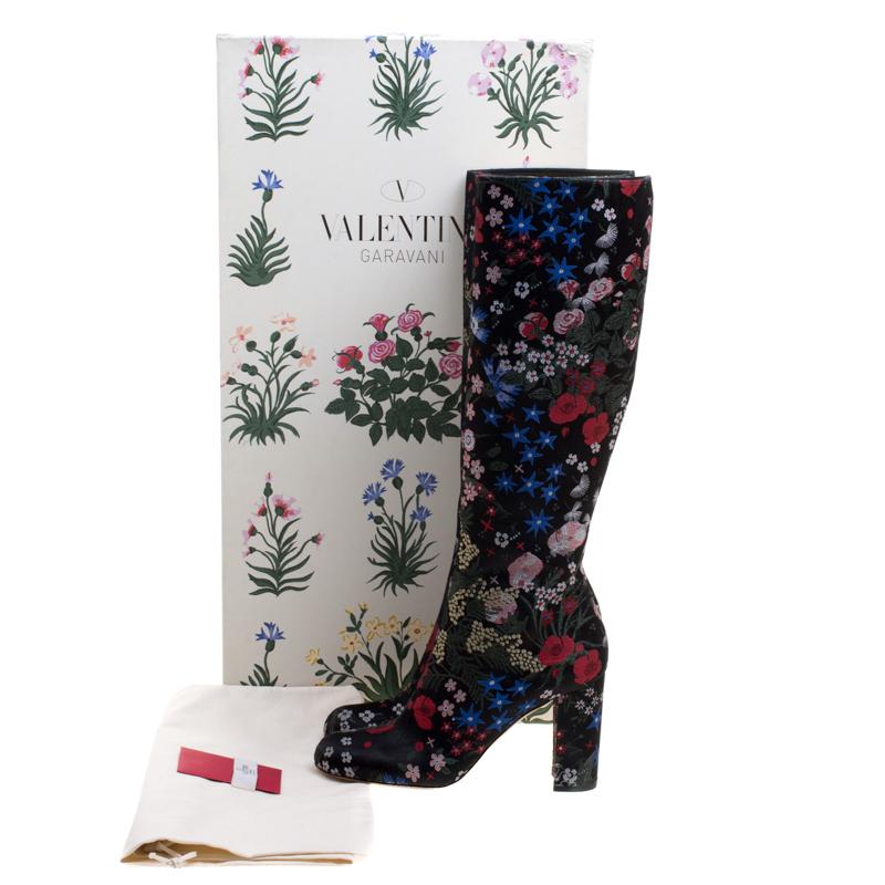 Valentino Black Spring Garden Brocade Knee Length Boots Size 40 4