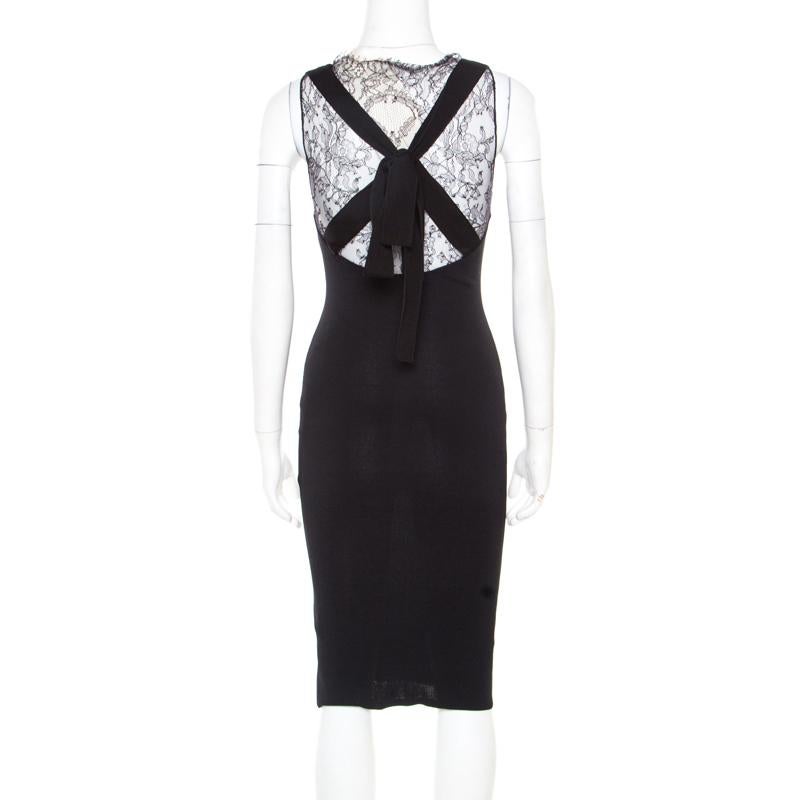 Valentino Black Stretch Knit Sleeveless Lace Insert Bodycon Dress M In Good Condition In Dubai, Al Qouz 2