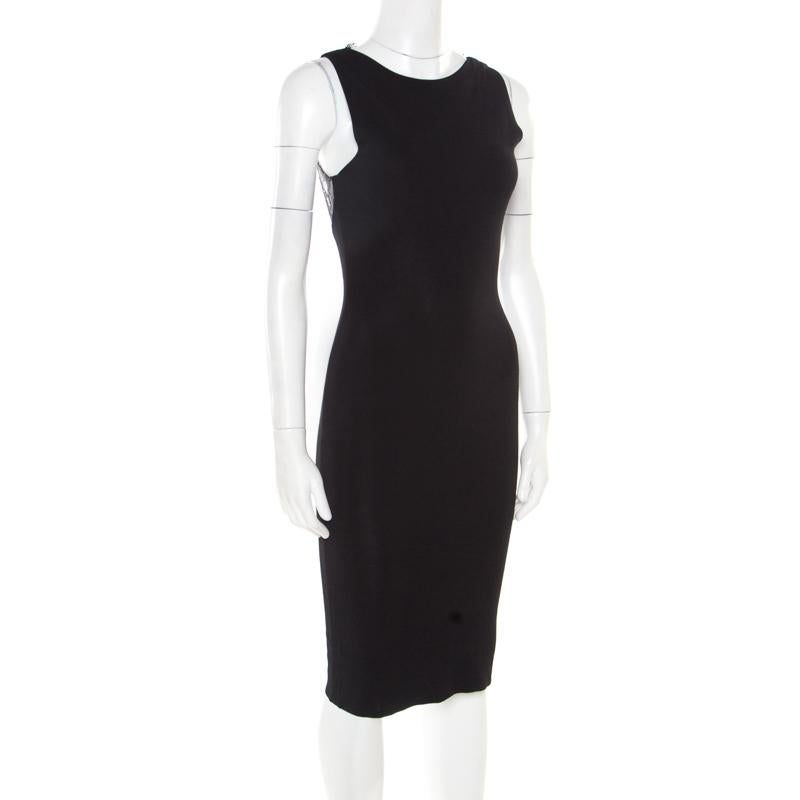 Valentino Black Stretch Knit Sleeveless Lace Insert Bodycon Dress M In Good Condition In Dubai, Al Qouz 2