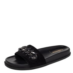 Valentino Black Suede And Leather Chain Flat Slide Sandals Size 38