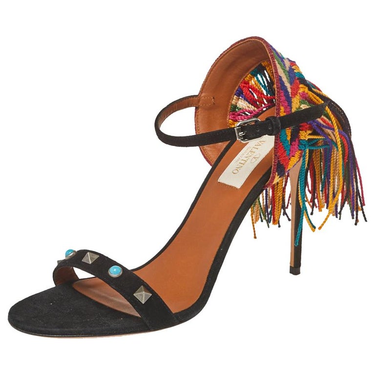 Valentino Black Suede And Multicolor Cotton Lace Fringe Studded Ankle ...