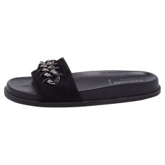 Valentino Black Suede Chain Detail Flat Slides Size 38
