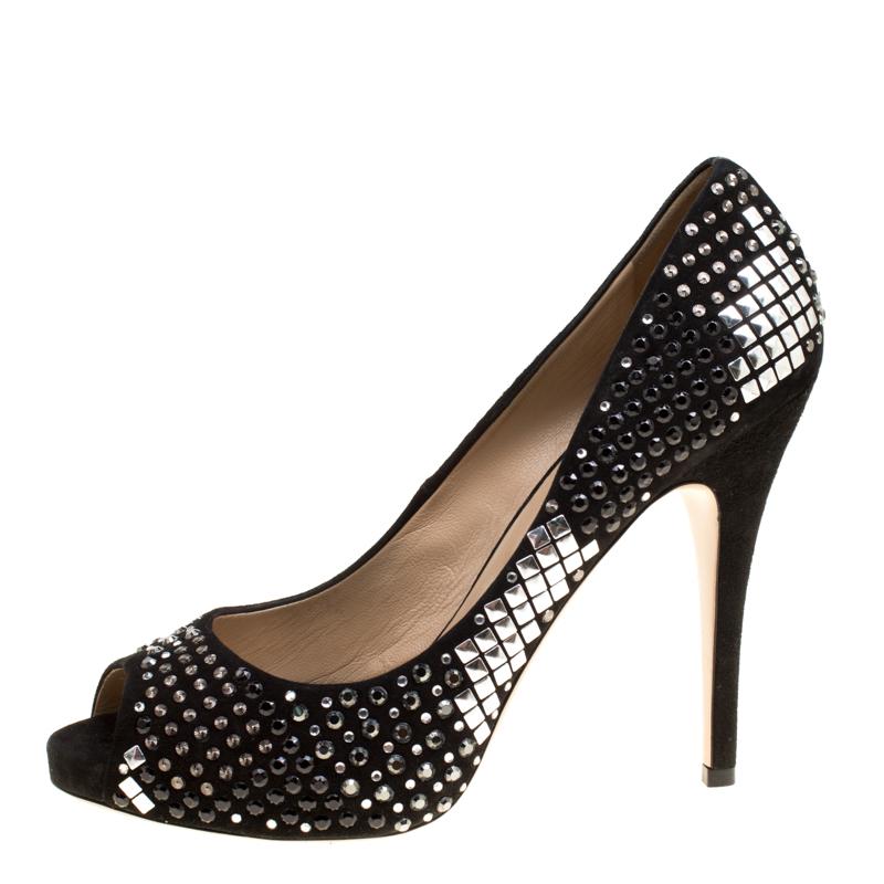 Valentino Black Suede Crystal Embellished Bridal Peep Toe Platform Pumps Size 40 1
