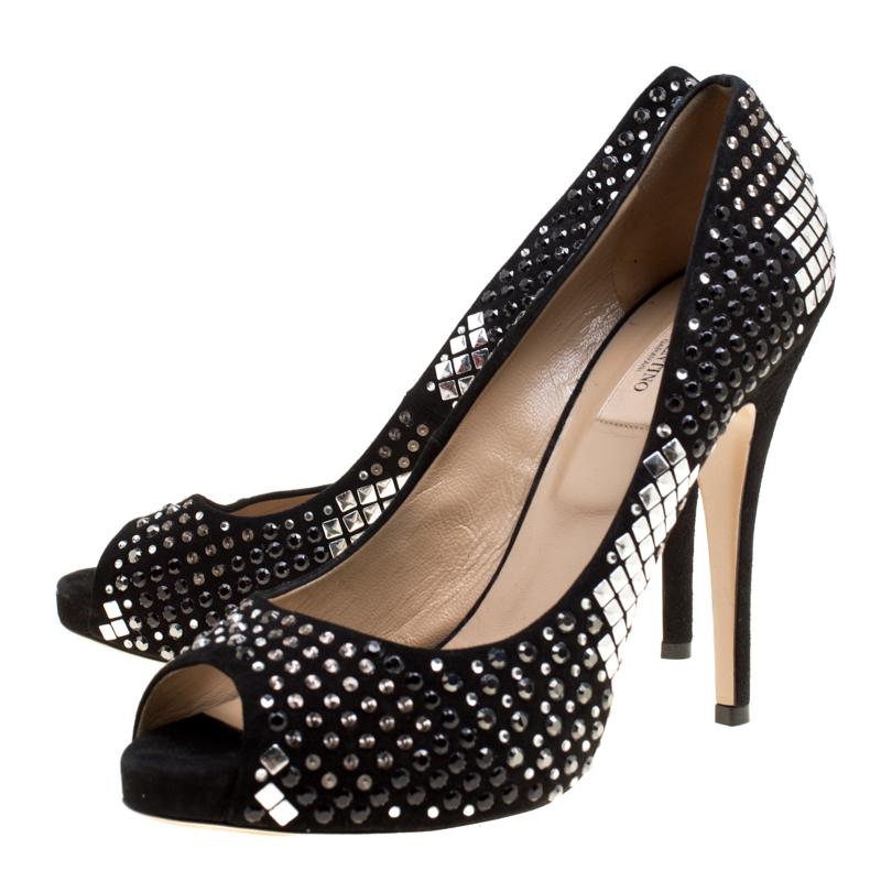 Valentino Black Suede Crystal Embellished Bridal Peep Toe Platform Pumps Size 40 3