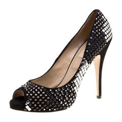 Valentino Black Suede Crystal Embellished Bridal Peep Toe Platform Pumps Size 40