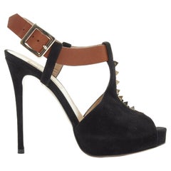 VALENTINO black suede gold Rockstud brown ankle strap buckle peep toe heel EU36