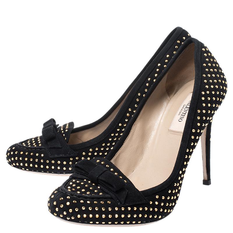 Valentino Black Suede Gold Tone Studded Loafer Pumps Size 38 In Good Condition In Dubai, Al Qouz 2