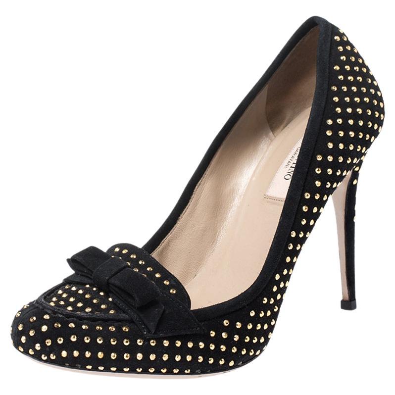 Valentino Black Suede Gold Tone Studded Loafer Pumps Size 38 For Sale