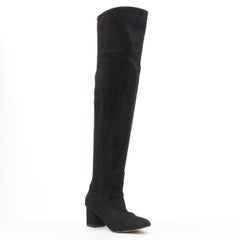 VALENTINO black suede leather round toe mid block mid heel knee high boots EU36