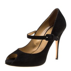 Valentino Black Suede Mary Jane Peep Toe Pumps Size 37