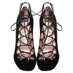 Valentino Black Suede Rockstud Open Toe Lace Up Ankle Wrap Sandals Size 39