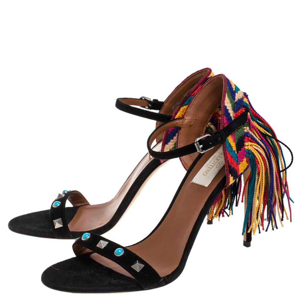Women's Valentino Black Suede Rockstud Rolling Multicolor Fringe Sandals Size 37