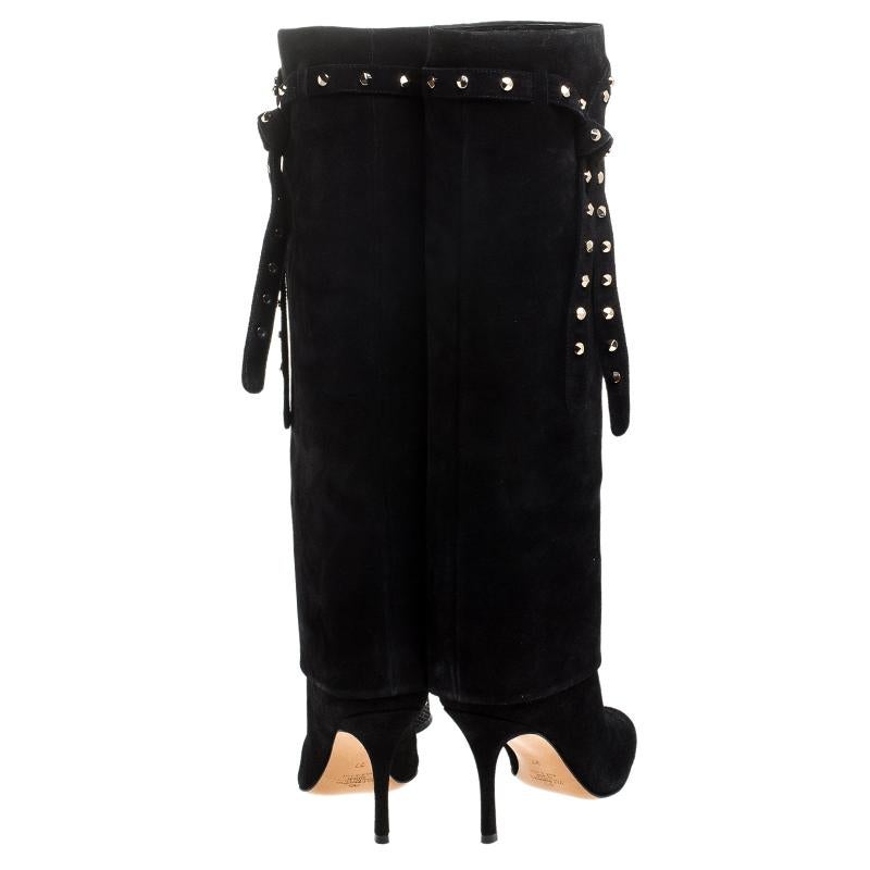 Valentino Black Suede Rockstud Tie Foldover Knee Length Boots Size 37 In New Condition In Dubai, Al Qouz 2