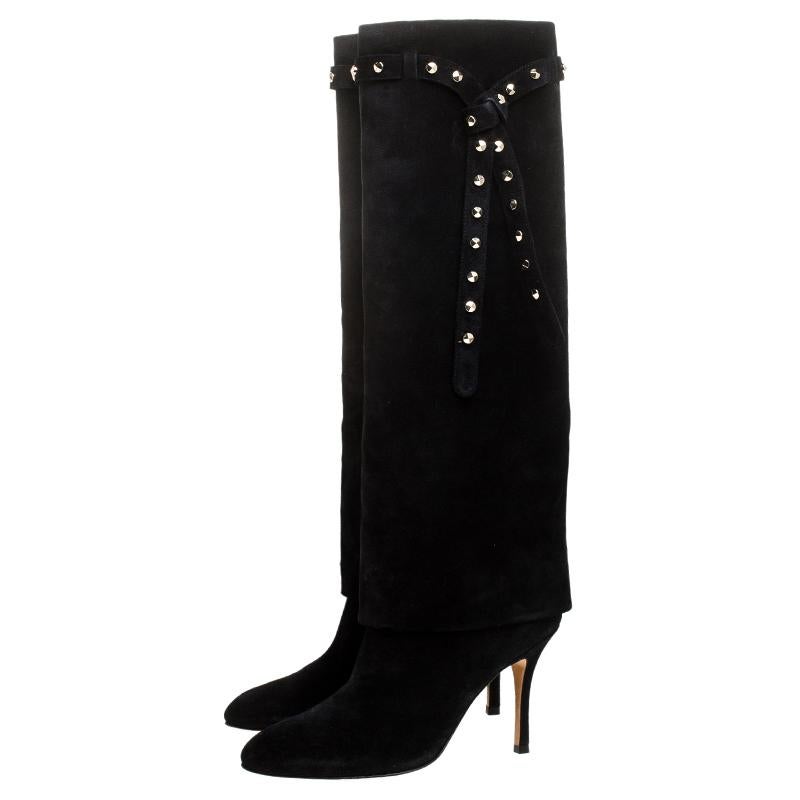 Valentino Black Suede Rockstud Tie Foldover Knee Length Boots Size 37 1