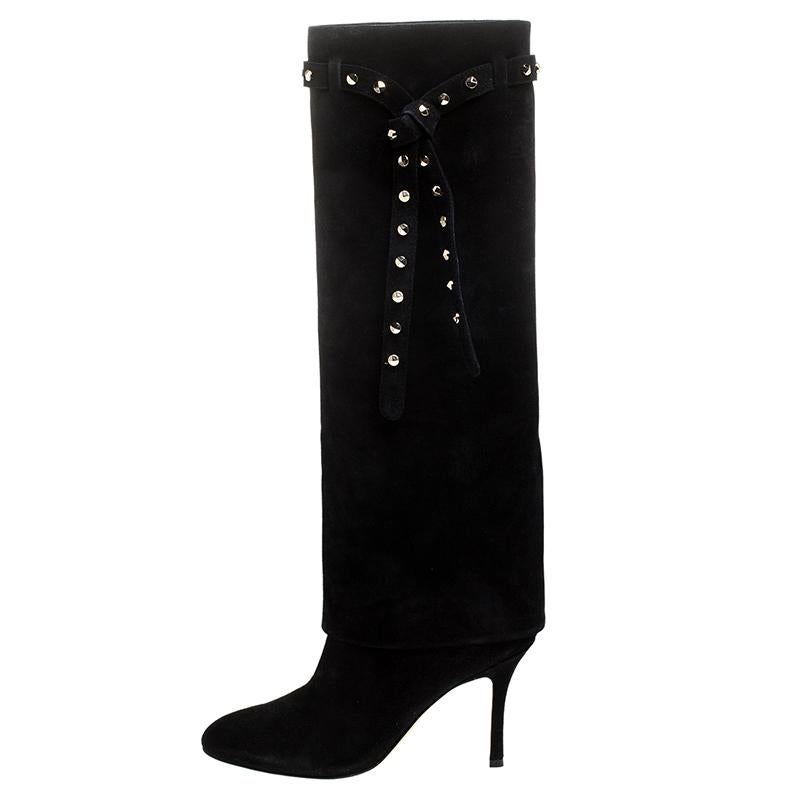 Valentino Black Suede Rockstud Tie Foldover Knee Length Boots Size 37 1