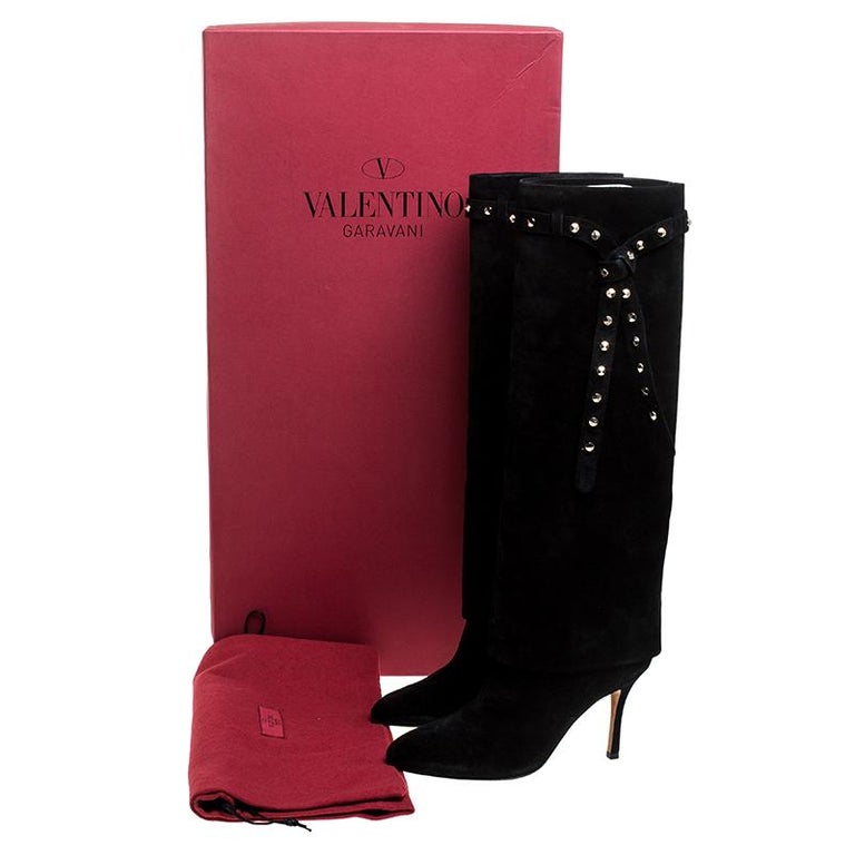 Valentino Black Suede Rockstud Tie Foldover Knee Length Boots Size 37