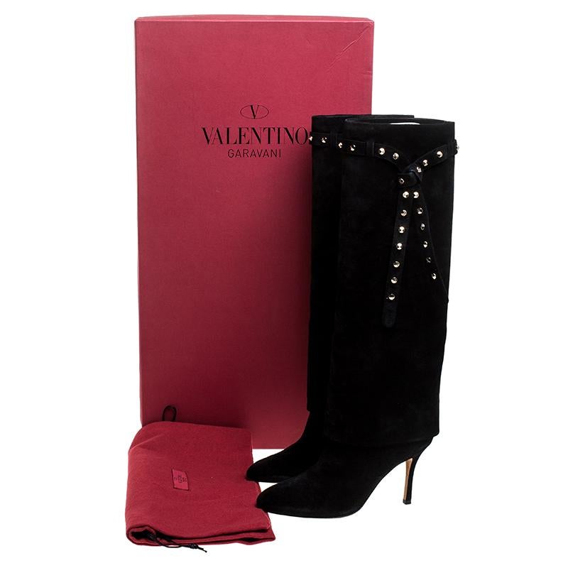 Valentino Black Suede Rockstud Tie Foldover Knee Length Boots Size 37 4