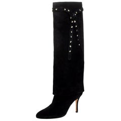 Valentino Black Suede Rockstud Tie Foldover Knee Length Boots Size 37