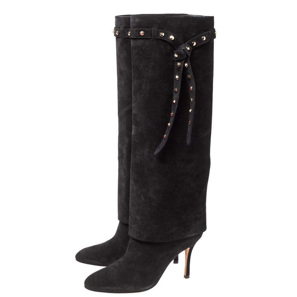 Valentino Black Suede Studded Bow Knee Length Boots Size 37 In New Condition In Dubai, Al Qouz 2