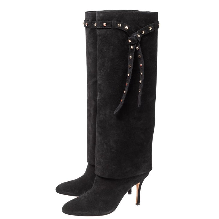 Valentino Black Suede Studded Bow Knee Length Boots Size 37 at 1stDibs