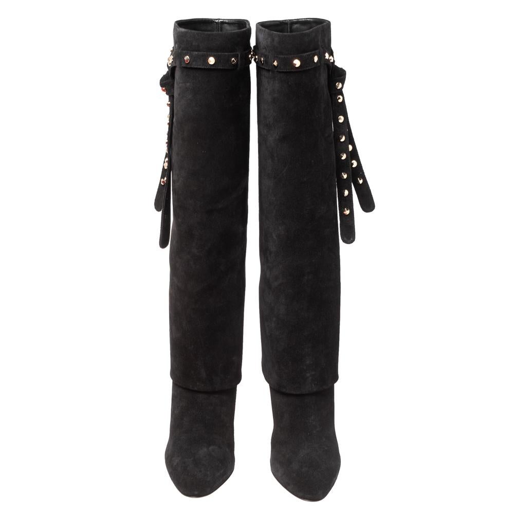 Women's Valentino Black Suede Studded Bow Knee Length Boots Size 37