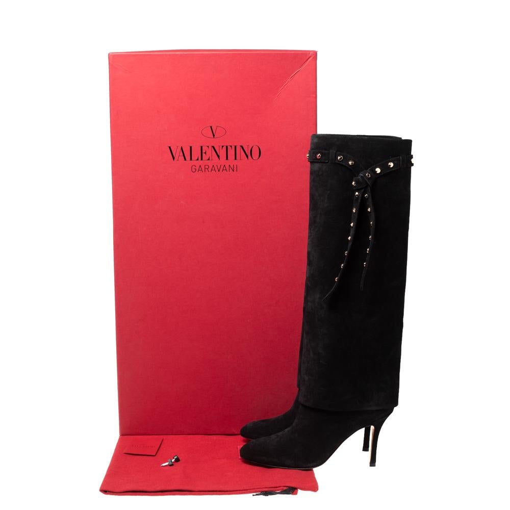 Valentino Black Suede Studded Bow Knee Length Boots Size 37 5