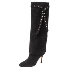 Valentino Black Suede Studded Bow Knee Length Boots Size 37