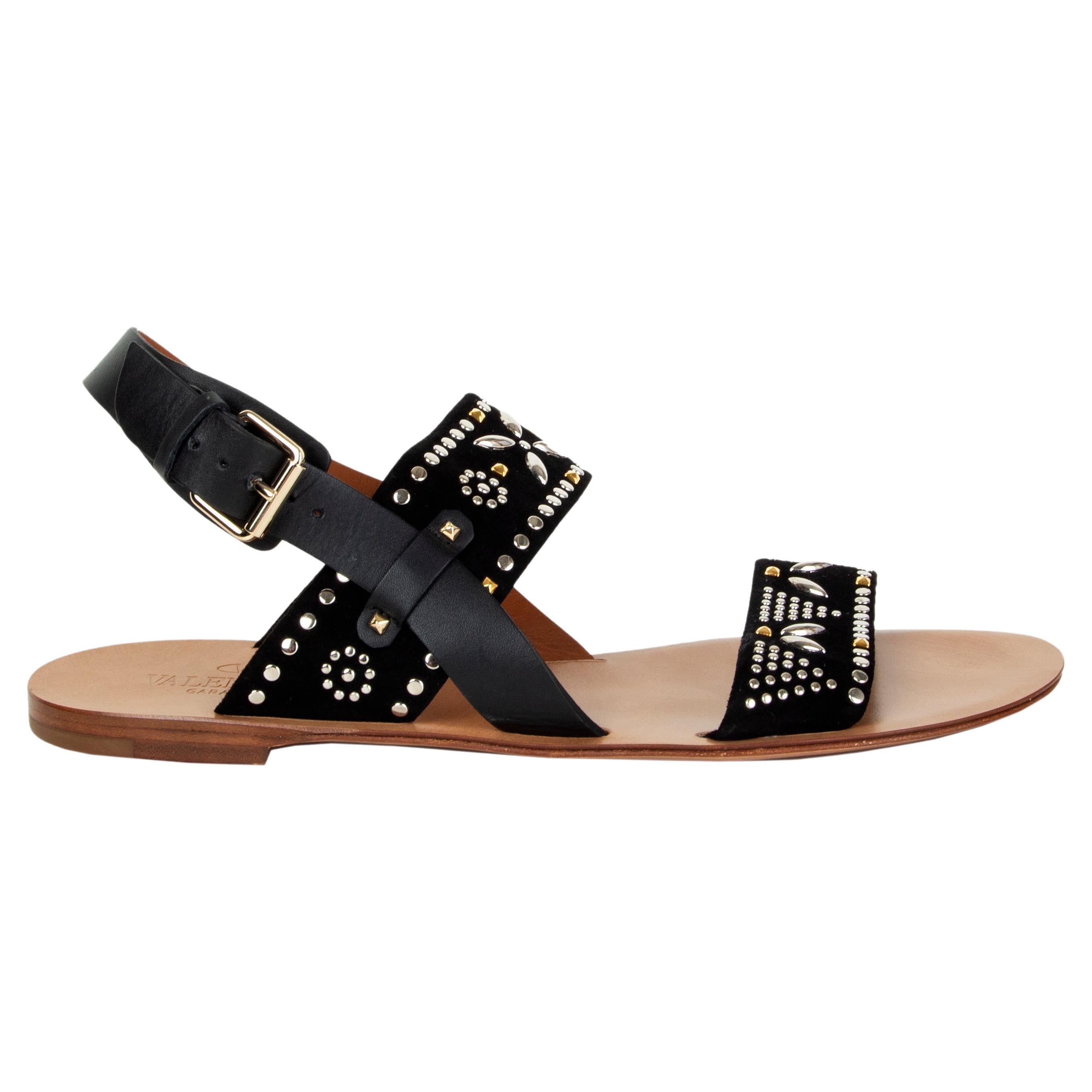 VALENTINO black suede STUDDED FLAT Sandals Shoes 40 For Sale