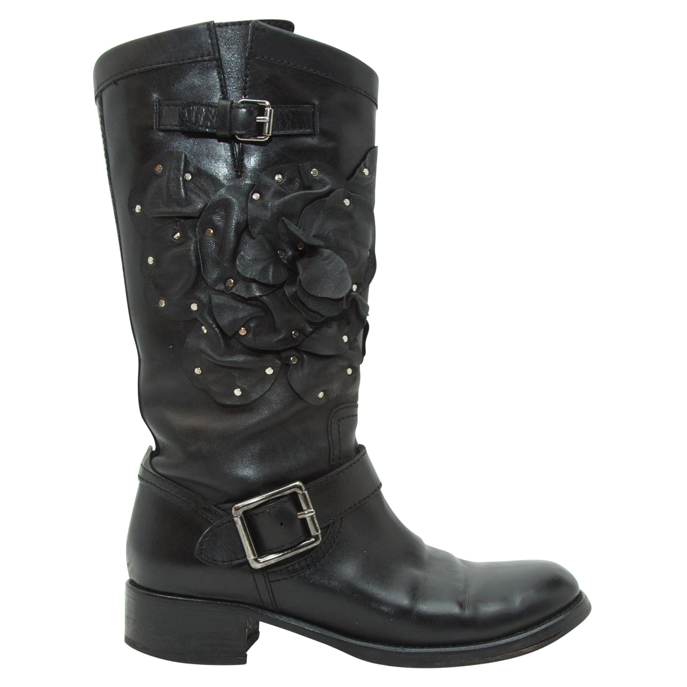 Valentino Black Tall Floral Leather Boots