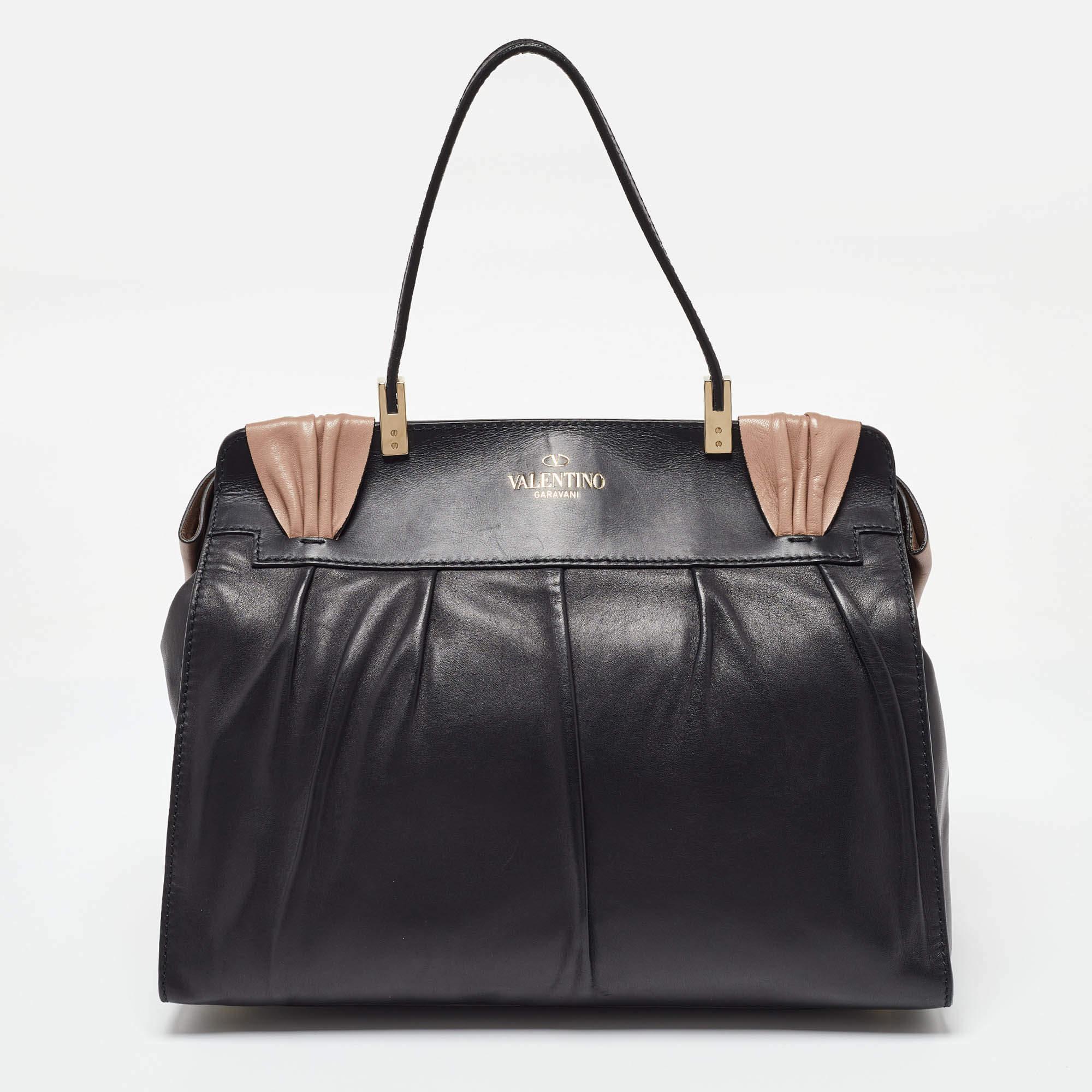 Valentino Schwarz/Taupe Ledertasche mit Aphrodite-Schleife und Henkel oben Damen