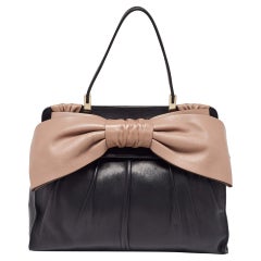 Valentino Black/Taupe Leather Aphrodite Bow Top Handle Bag