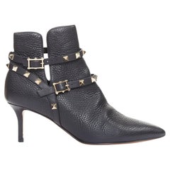 VALENTINO black textured calfskin gold buckle studded short ankle boots EU37