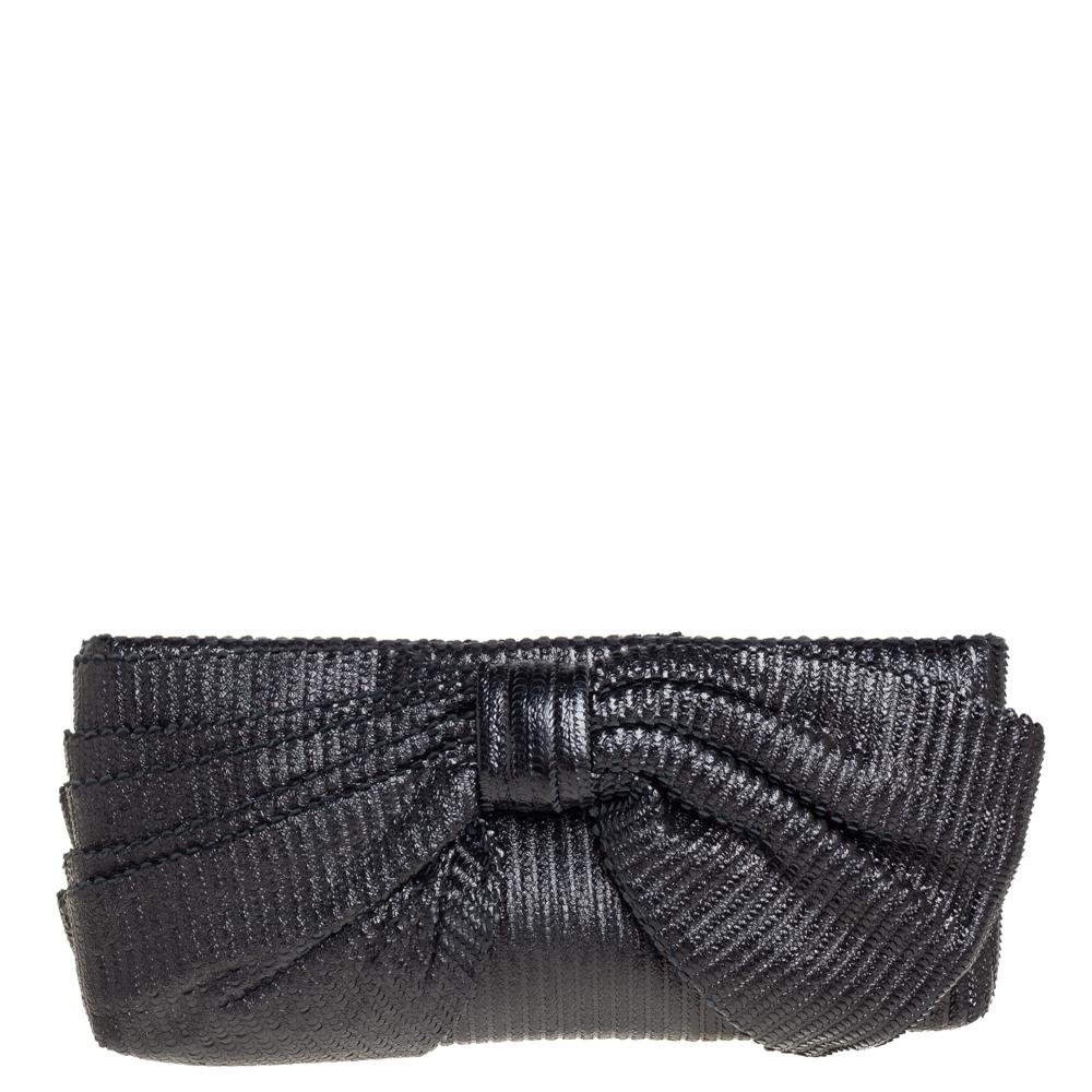 Women's Valentino Black Textured Leather Bow Clutch