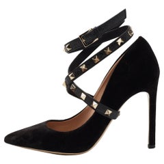 Valentino Black Velvet And Leather Rockstud Ankle Wrap Pointed Toe Pumps Size 36