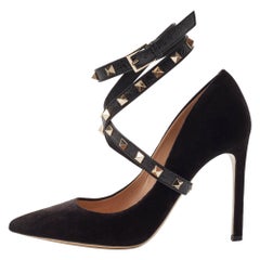 Valentino Black Velvet and Leather Rockstud Ankle Wrap Pumps Size 36