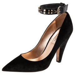 Valentino Black Velvet Crystal and Stud Embellished Ankle-Strap Pumps Size 38