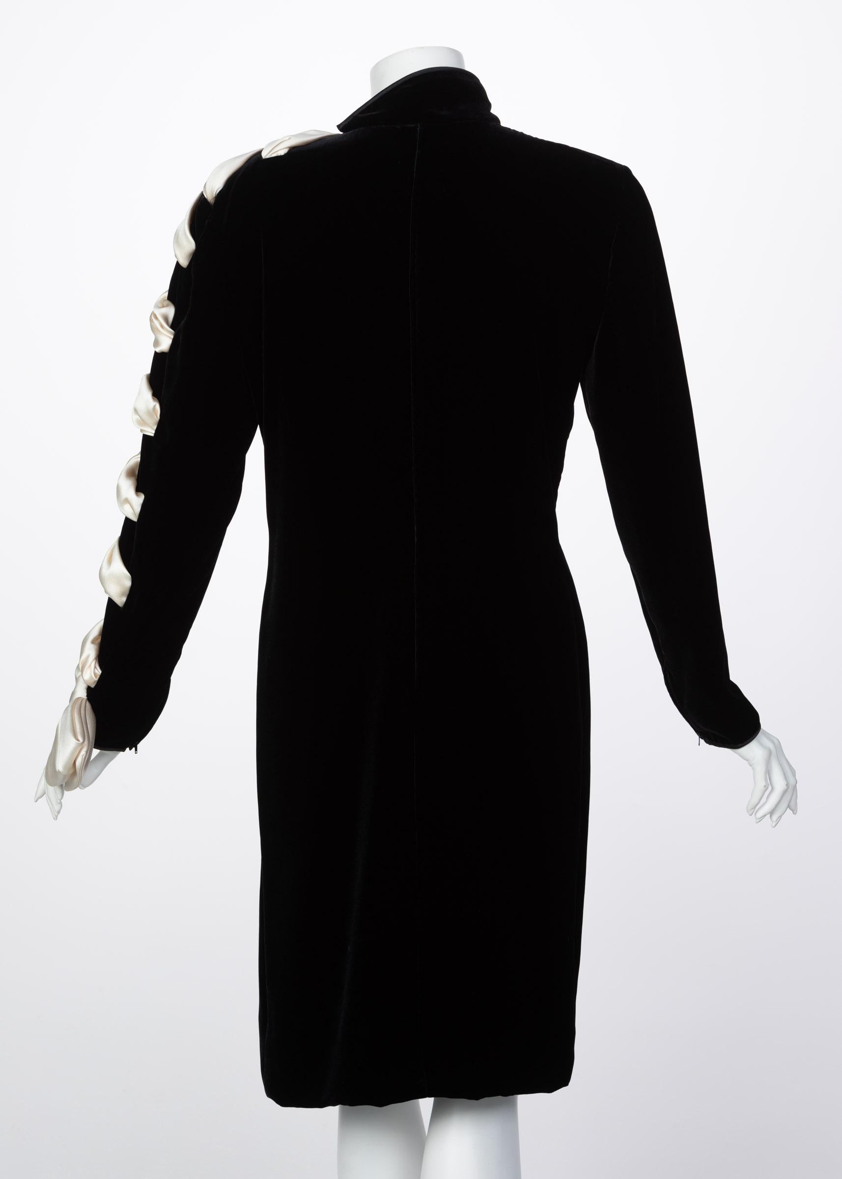 Valentino Black Velvet Ivory Satin Ribbon Bow Dress, 1980s 4