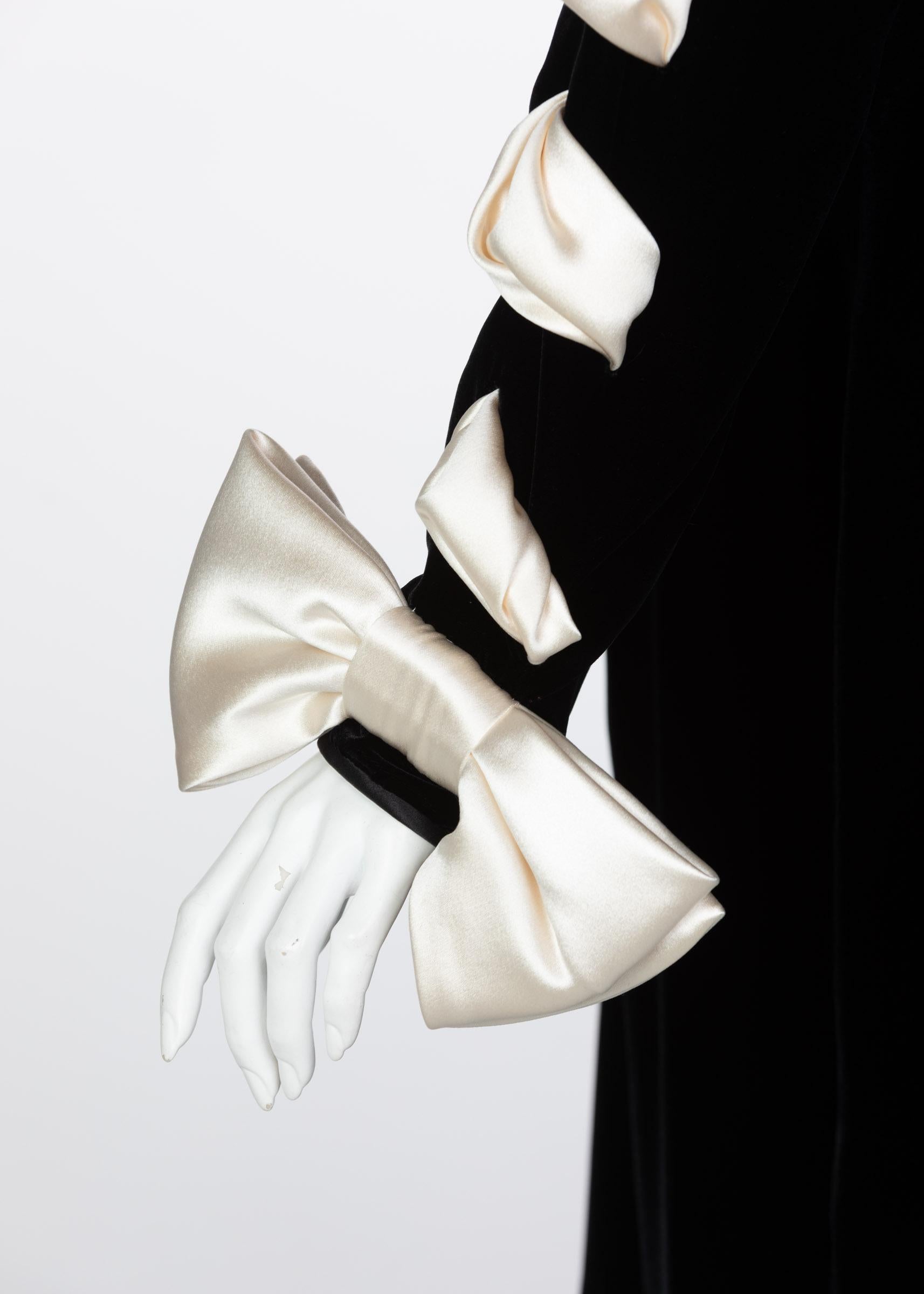 Valentino Black Velvet Ivory Satin Ribbon Bow Dress, 1980s 1