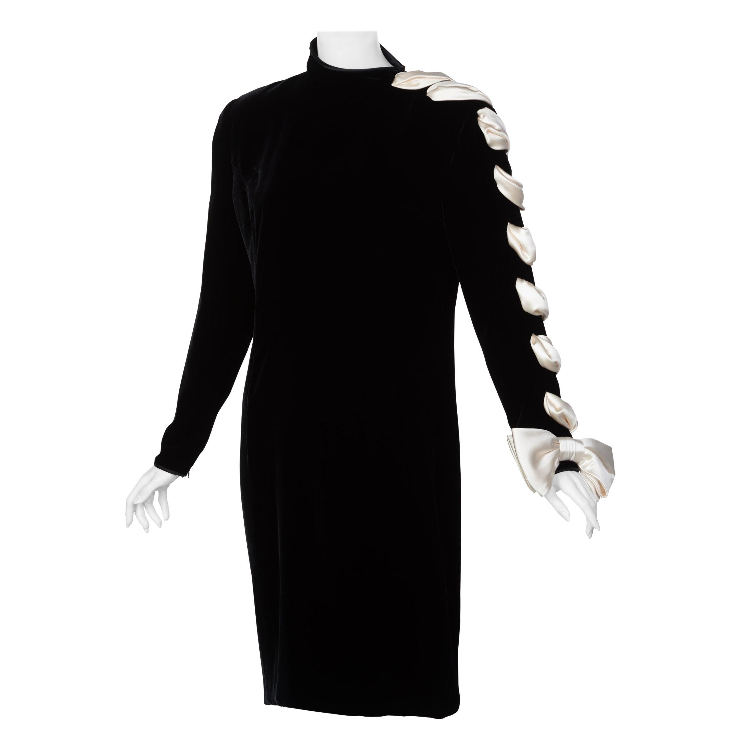 Valentino Black Velvet Ivory Satin Ribbon Bow Dress, 1980s