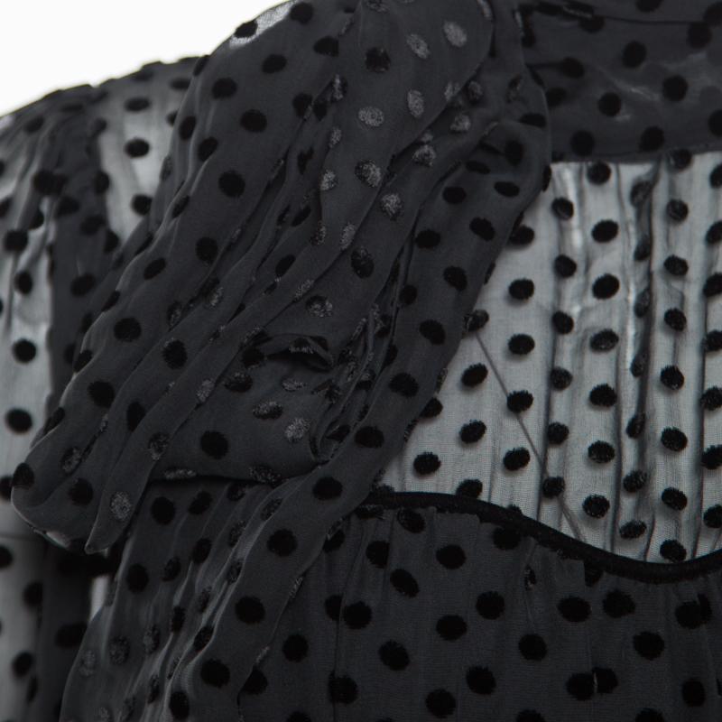 Women's Valentino Black Velvet Polka Dotted Silk Neck Tie Detail Long Sleeve Dress M